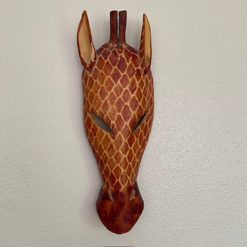 Hand Carved Wood Giraffe Animal Mask Wall Hanging Kenya Africa Folk Art 15" L